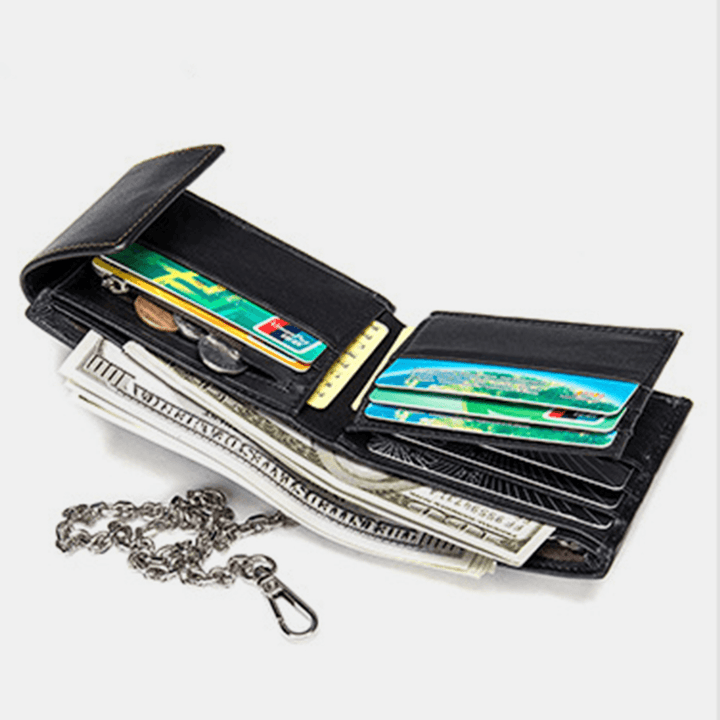 Men Genuine Leather RFID Blocking Anti-Theft Retro Multi-Functional Card Holder Wallet with Chain - MRSLM
