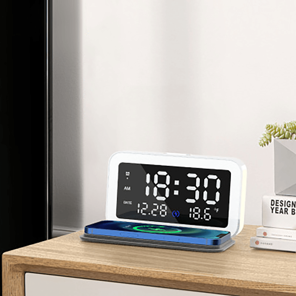 6 in 1 LED Electric Alarm Clock Thermometer Digital Multifunction Night Light Clock with Mobile Phone Wireless Charger Home Office Supplies - MRSLM