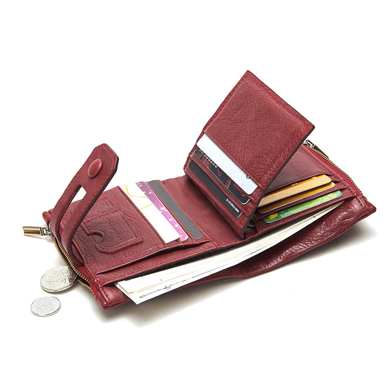 Men Genuine Leather Vintage Multi-Slots Card Holder Zipper Anti-Theft Small Short Wallet Purse - MRSLM