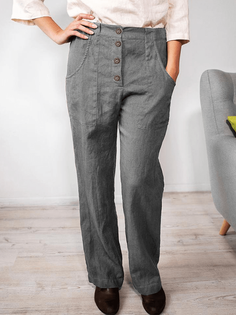 Women Solid Color Elastic Waist Button Loose Casual Pocket Pants - MRSLM