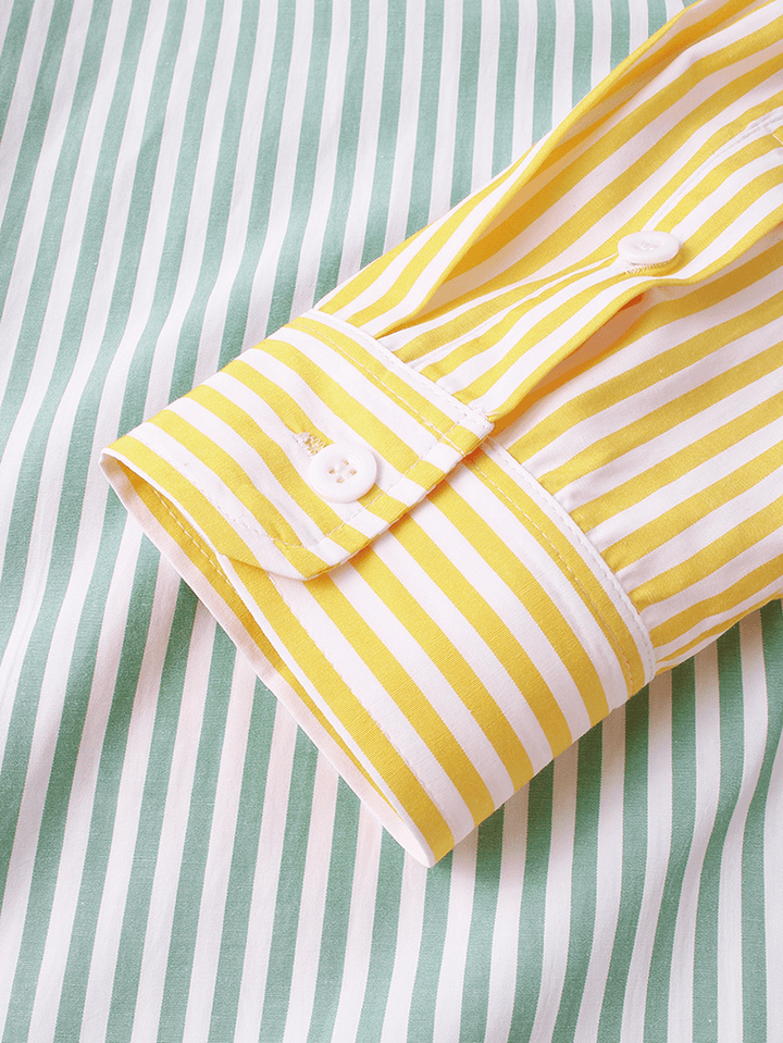Mens Stripe Patchwork Chest Pocket Lapel Long Sleeve Cotton Shirts - MRSLM