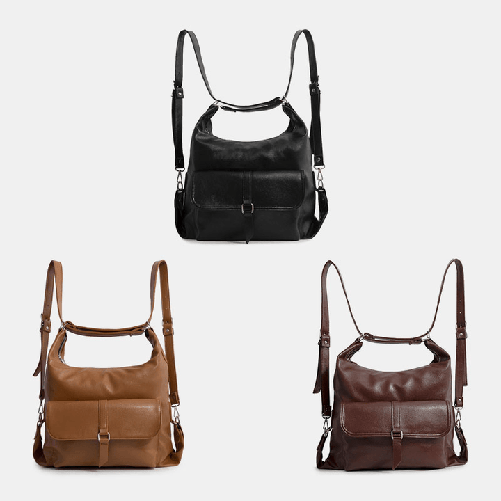 Women Vintage PU Leather Multifunction Large Capacity Backpack Casual Multi-Carry Crossbody Bag - MRSLM