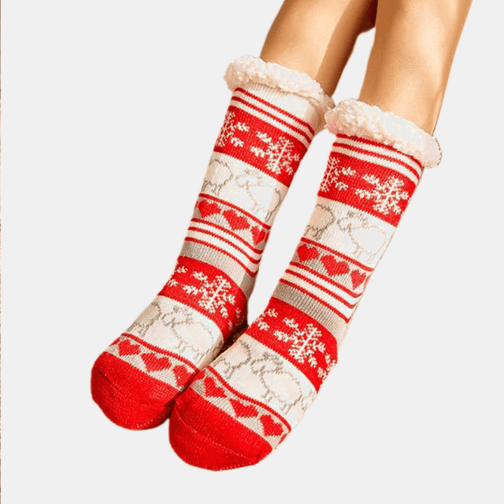 Women Warm Winter Outdoor Christmas Style Snowflake Elk Pattern plus Velvet Thicken Home Sleep Socks Tube Socks - MRSLM