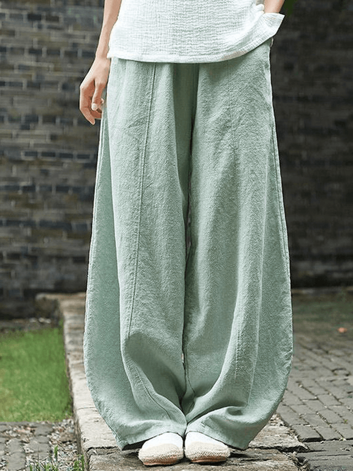 Cotton Linen Solid Color Elastic Waist Loose Casual Pants with Pocket - MRSLM