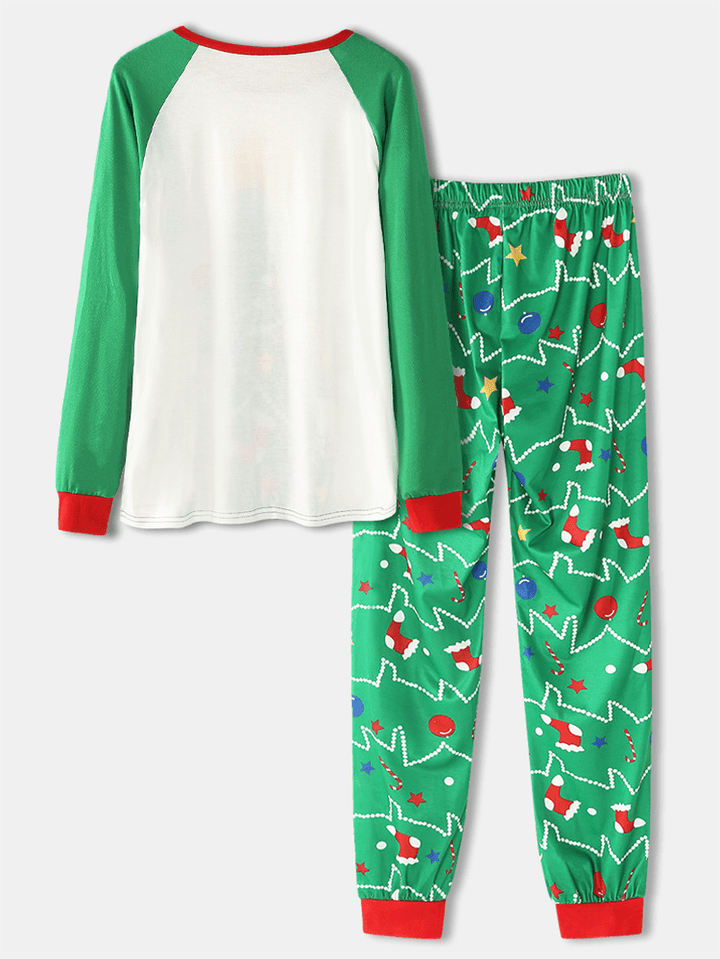 Women Cartoon Christmas Tree Print Raglan Sleeves Sweatshirts Elastic Waist Jogger Pants Home Pajama Set - MRSLM