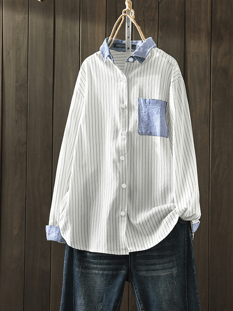 Women Cotton Stripe Print Patchwork Simple Daily Casual Shirts - MRSLM