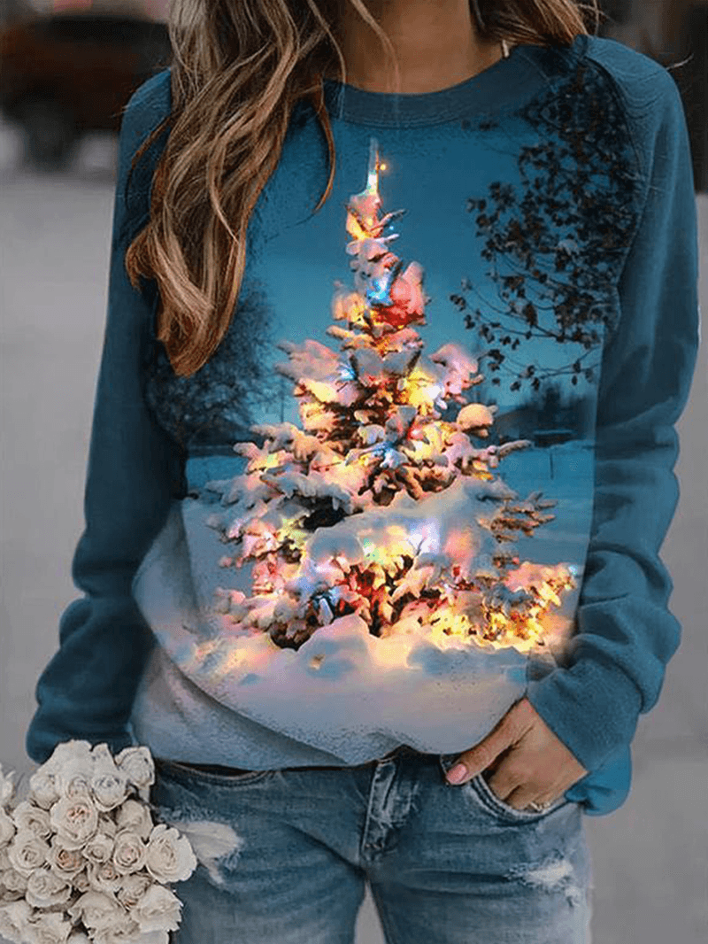 Women Christmas Tree Landscape Print O-Neck Sweatshirts - MRSLM