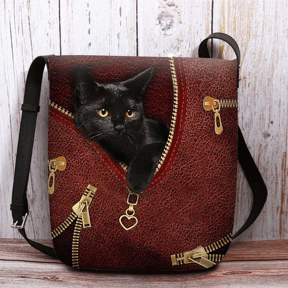 Women Felt Casual Cute 3D Cartoon Black Cat Printing Pattern Crossbody Bag Shoulder Bag - MRSLM