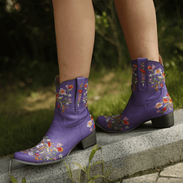 Large Size Women Retro Embroidered Pointed Toe Chunky Heel Slip on Cowboy Boots - MRSLM