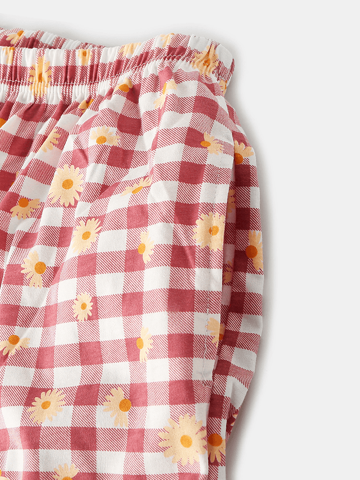 Women Plaid Floral Print Revere Collar Shirt Elastic Waist Loose Pocket Pants Pajama Set - MRSLM