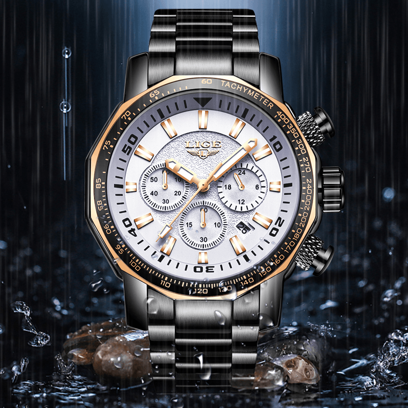 LIGE LG9871 Luxury Business Style Date Display Luminous Pointers Waterproof Stainless Steel Band Men Quartz Wrist Watch - MRSLM