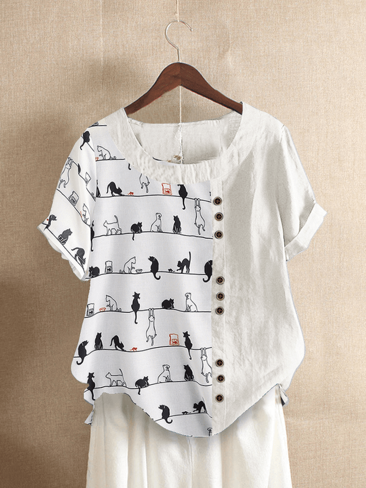 Cartoon Cat Print round Neck Short Sleeved Button Casual T-Shirts for Women - MRSLM