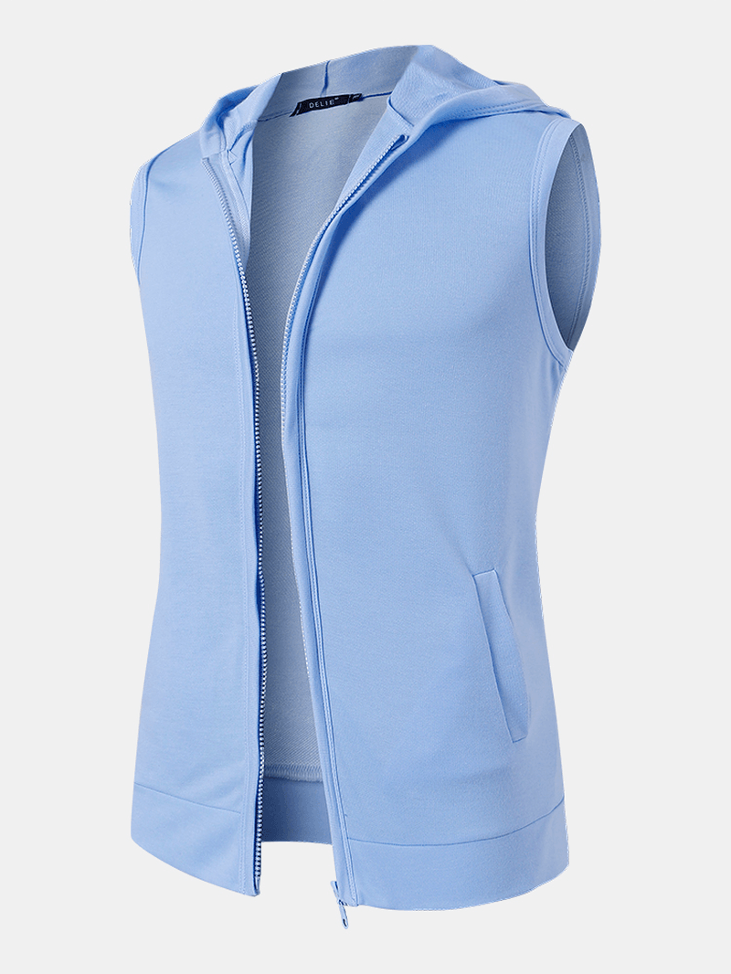 Mens Pure Color Cotton Casual Sleevless Hooded Vests with Pocket - MRSLM