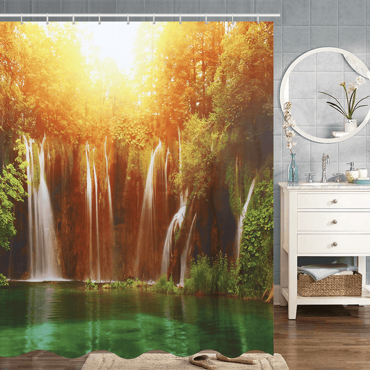 180X180Cm 3D Waterfall Nature Scenery Shower Curtain Water-Repellent Polyester Bathroom Curtain - MRSLM