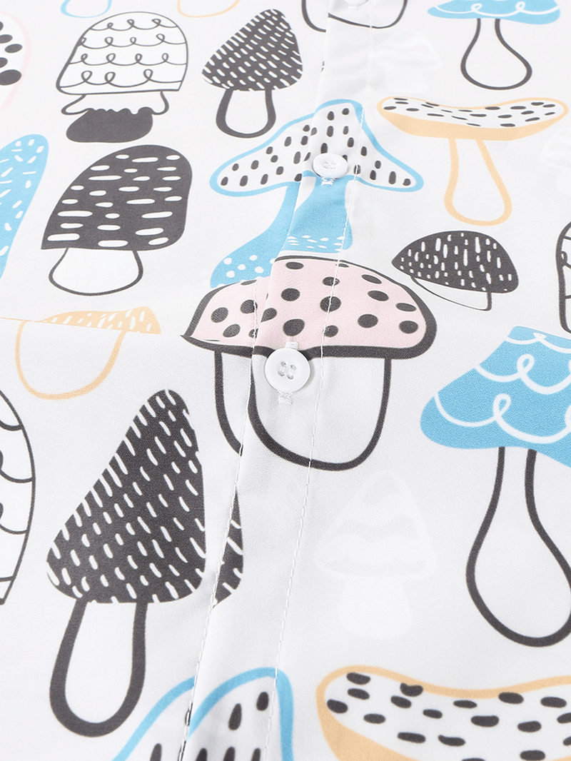 Mens Mushroom Print Thin Lapel Short Sleeve Loose Holiday Beach Loungewear Pajamas Sets - MRSLM