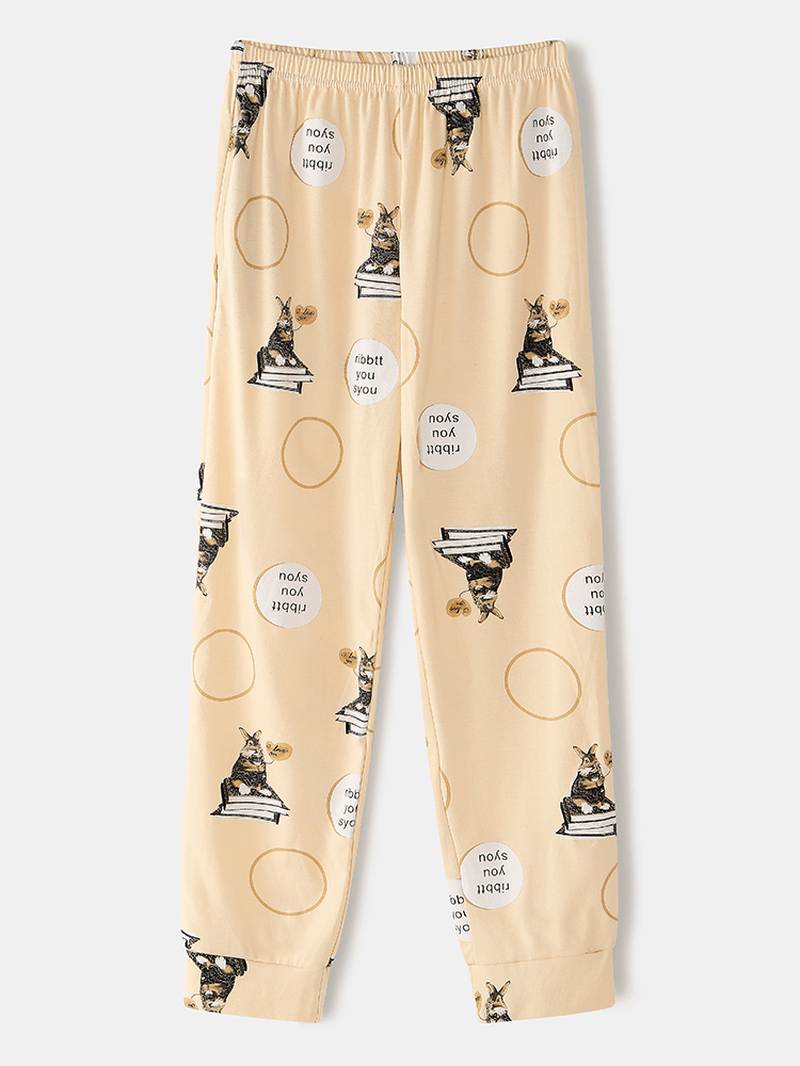 Women Cartoon Animal Print Long Sleeve Pullover Elastic Waist Letter Pants Home Pajama Set - MRSLM