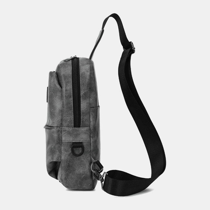 Men PU Leather Waterproof Multi-Pocket Headphone Hole Casual Chest Bags Shoulder Bag Crossbody Bags - MRSLM