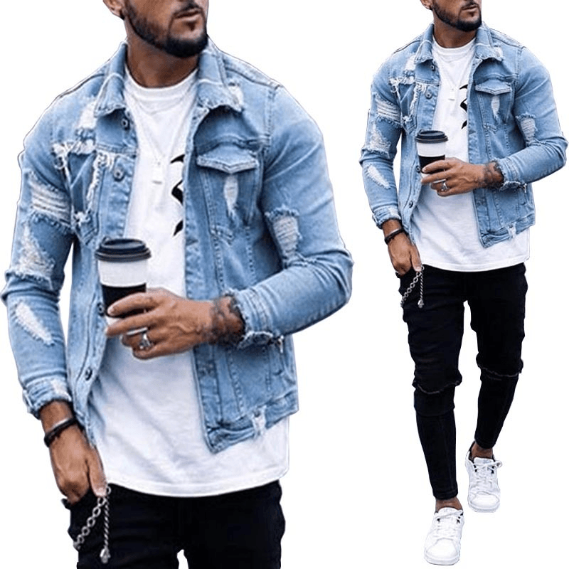 Lapel Men'S Denim Jacket Ripped Irregular Washed Jacket - MRSLM