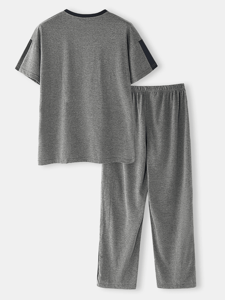 Cotton Mens Print Short Sleeve Side Stripe Elastic Waist Pants Home Pajama Set - MRSLM