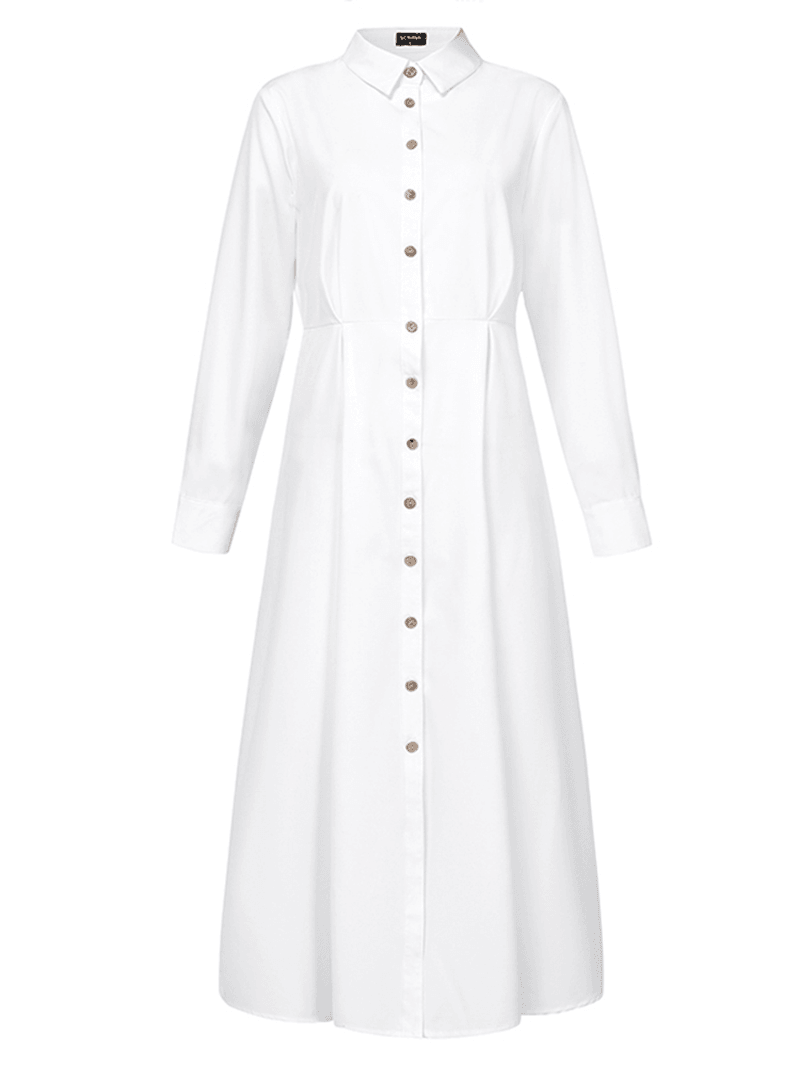 Women Basic Button down Front Lapel Solid Color Long Sleeve Shirt Dress - MRSLM