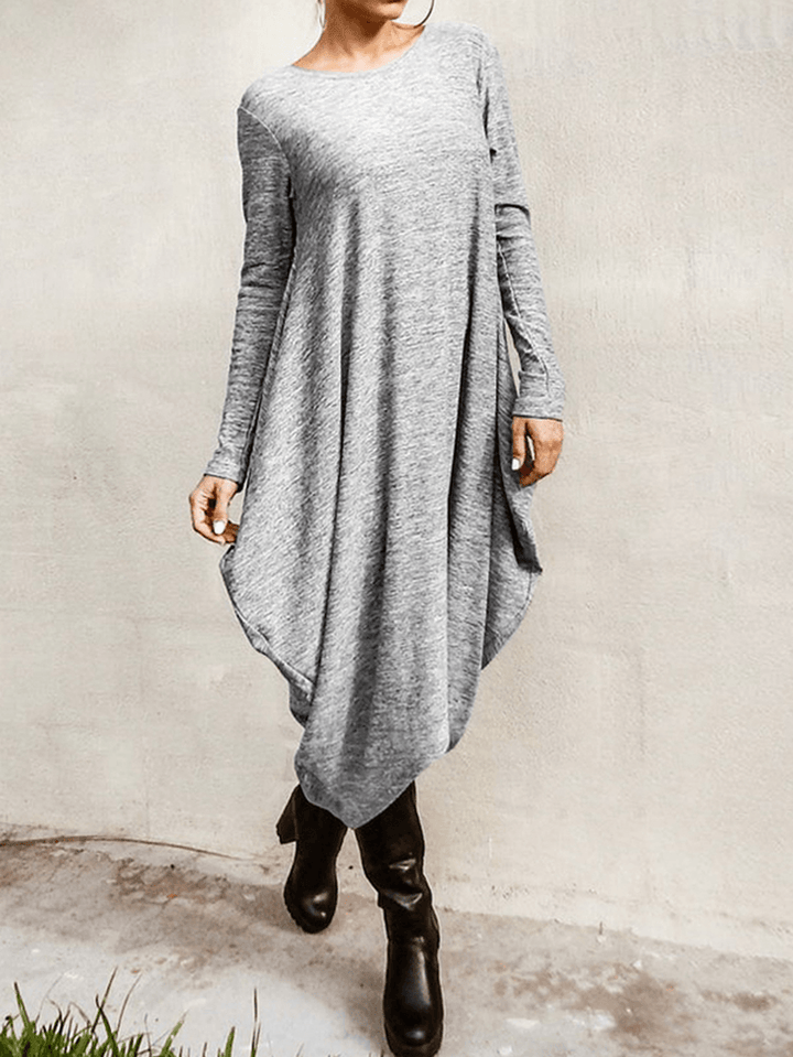 Women's Casual High Low Hem Midi Dress - Loose Fit with Long Sleeves - MRSLM