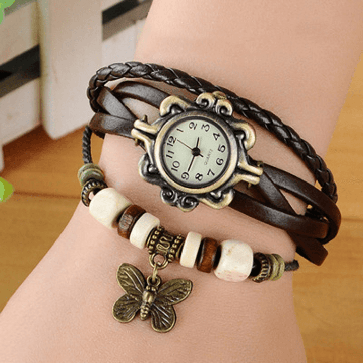 Women Casual Vintage Multilayer Butterfly Faux Leather Bracelet Quartz Watch - MRSLM