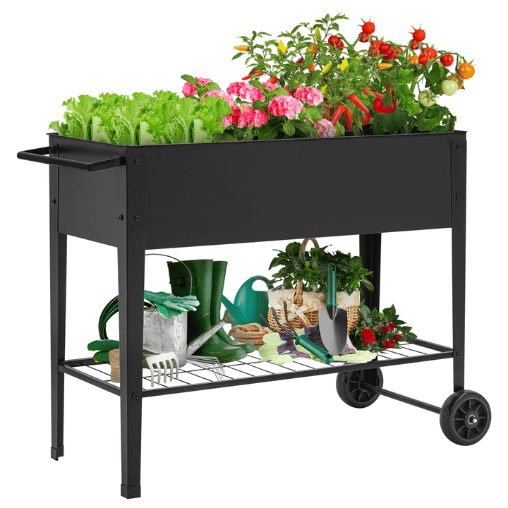 KINGSO Raised Garden Bed Elevated Planter Box Outdoor on Wheels Mobile Planter Garden Bed Box for Herb Vegetable Flower Backyard Patio Durable Steel Planter with Shelf, 42 L X 19 W X 31 H - MRSLM