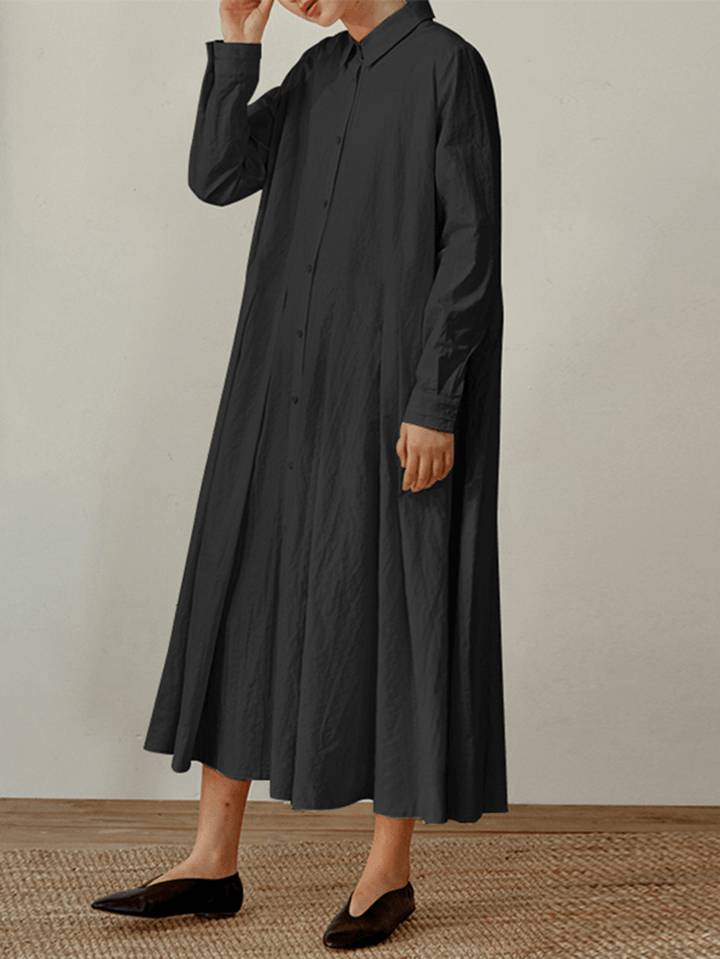 Women Loose Lapel Pleated Solid Color Button Shirt Dress with Pockets - MRSLM