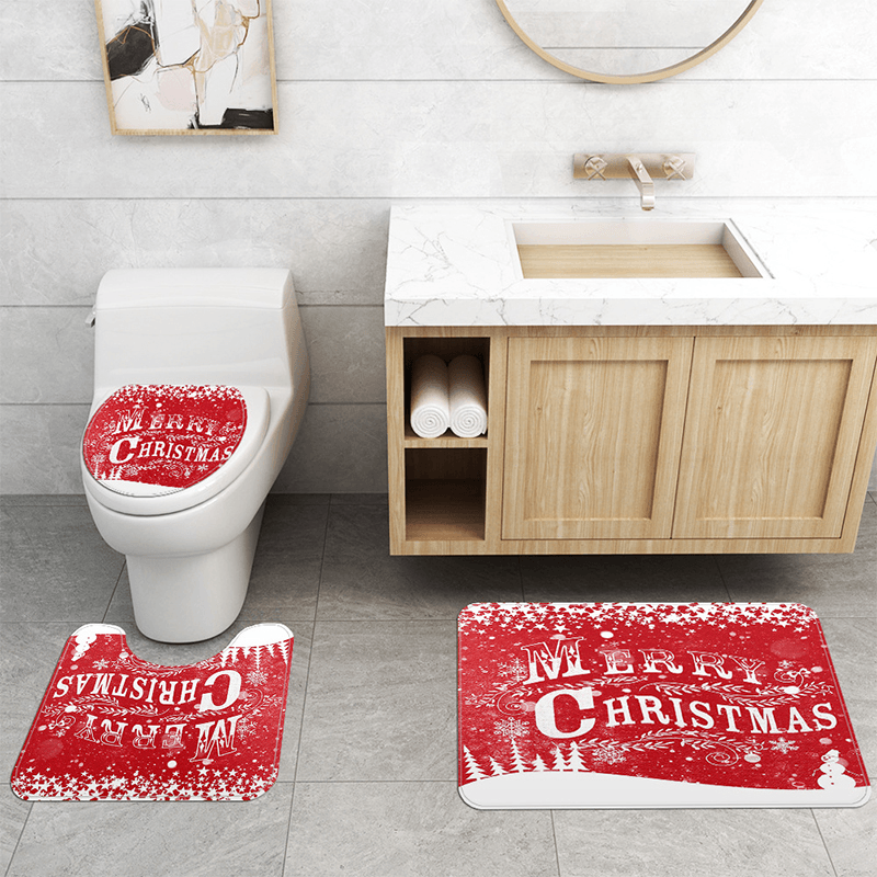 Merry Christmas Waterproof Bathroom Shower Curtain Mould Proof Toilet Cover Mat Non Slip Rug Set Home Decor - MRSLM