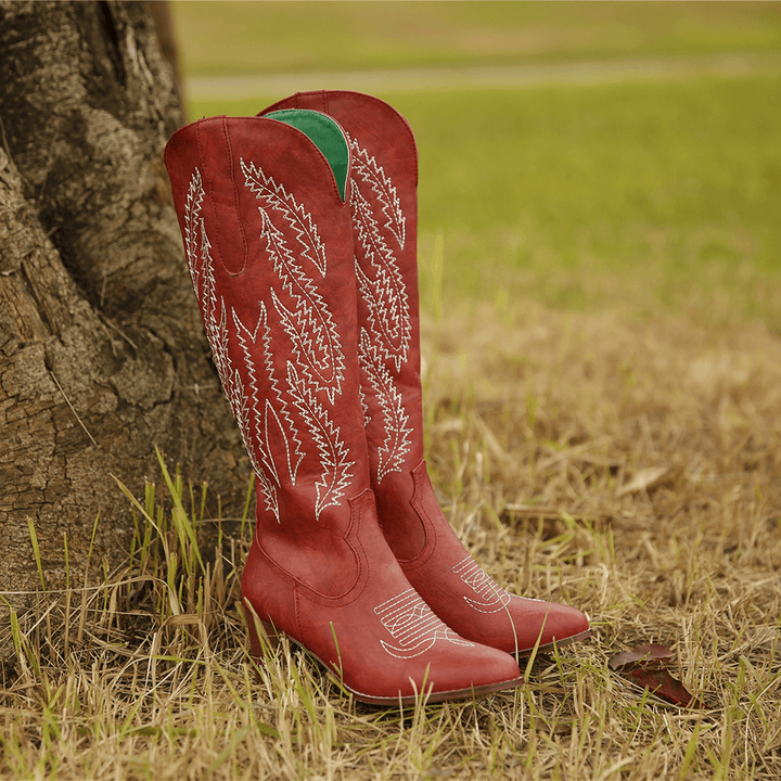 Plus Size Women Retro Red Pointed Toe Embroidered Chunky Heel Zipper Cowboy Boots - MRSLM