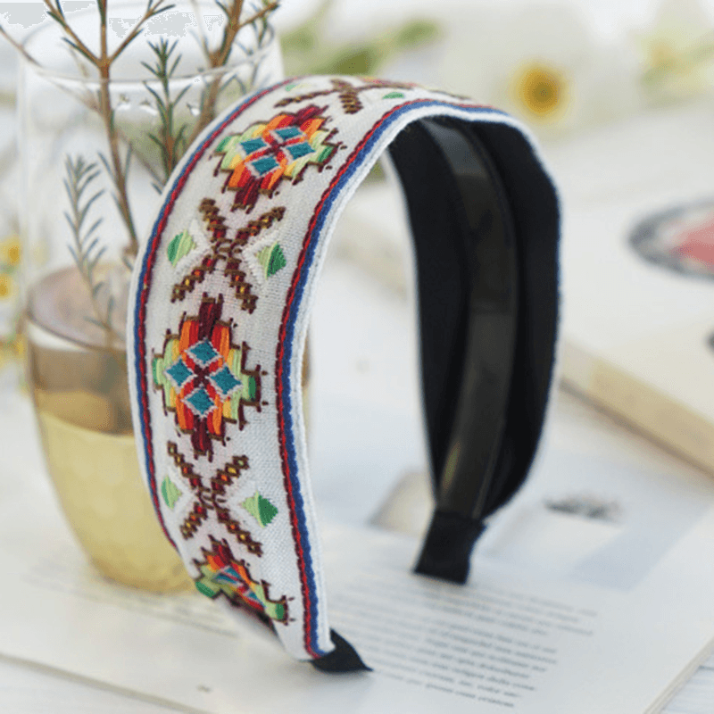 Fresh Bohemian Ethnic Style Hair Band Embroidered Cotton Wide Brimmed Hair Band Travel Home Leisure Hair Band - MRSLM