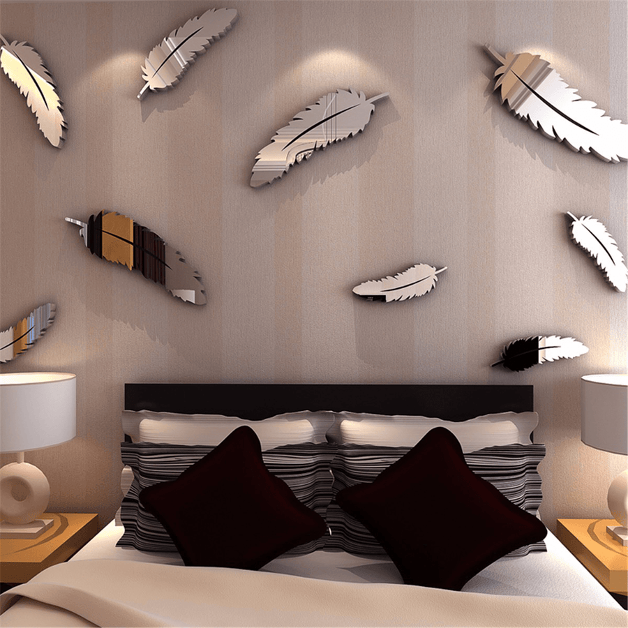 Silver Feather DIY 3D Mirror Wall Sticker Mural for Home and Bedroom Decoration - MRSLM