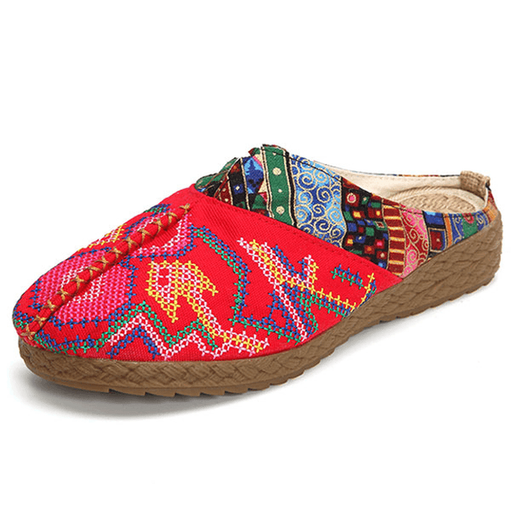 Women Flax Casual Outdoor Embroidery Flat Slipper Shoes - MRSLM