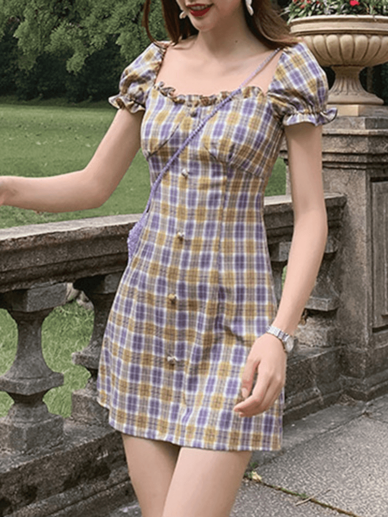 Puff Sleeve Ruffles Square Neck Summer Holiday Mini Dress for Women - MRSLM