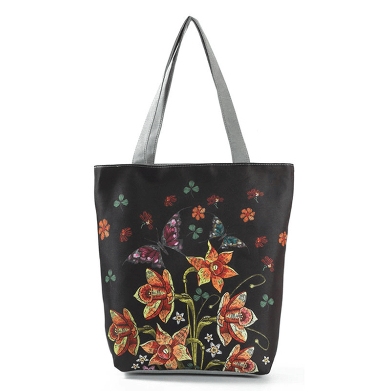 Women Ink Painting Flower Canvas Handbag Print Shoulder Bag - MRSLM