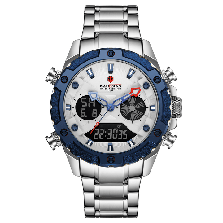 KADEMAN K9049 Men Fashion Stainless Steel Alarm Clock Luminous Display Waterproof Watch Dual Display Digital Watch - MRSLM
