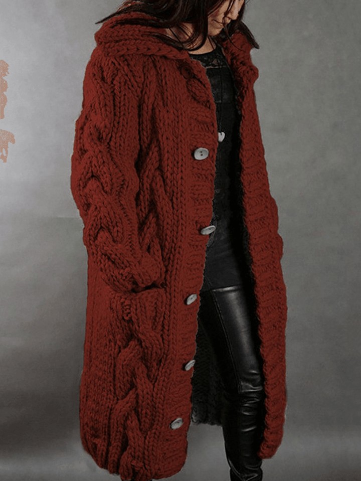 Women Solid Color Jacquard Knitted Mid-Length Hooded Cardigan with Pocket - MRSLM