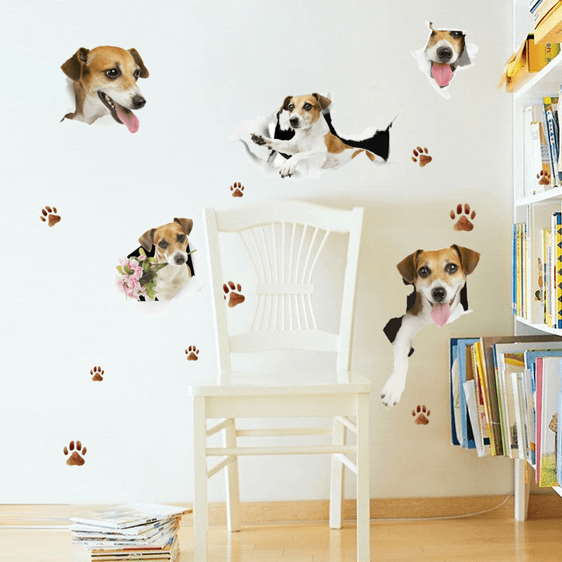 Creative Cartoon 3D Cute Dog PVC Broken Wall Sticker DIY Removable Decor Waterproof Wall Stickers Household Home Wall Sticker Poster Mural Decoration for Bedroom Living Room Wardrobe Refrigerator - MRSLM
