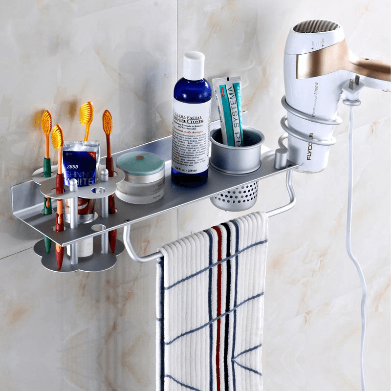BR-32 Bathroom Wall Mount Hanging Storage Rack with Hair Towel Holder and Toothbrush Shelves - MRSLM