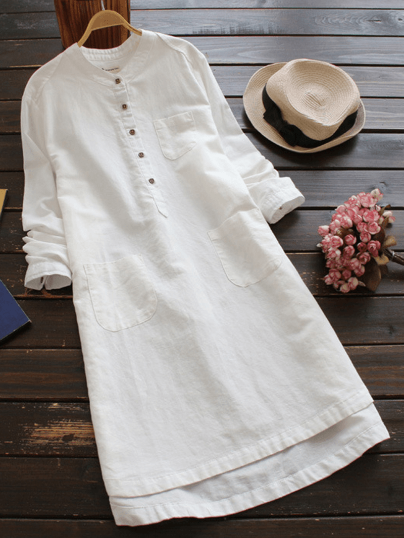 Women Vintage Long Sleeve Buttons Cotton Mini Shirt Dresses - MRSLM