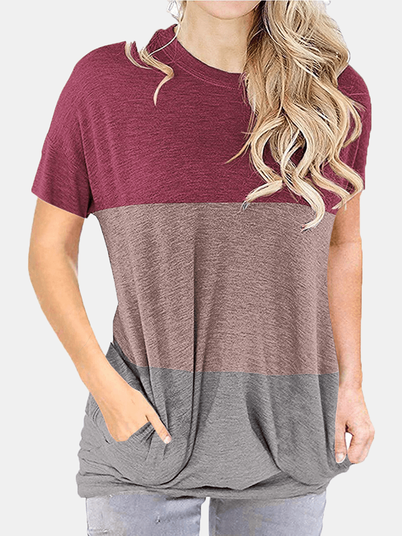Women Colorblock Patchwork Roudn Neck Short Sleeve T-Shirts - MRSLM