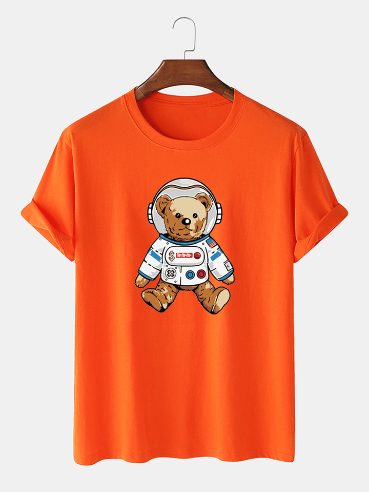 Mens Cartoon Astronaut Bear Print O-Neck Short Sleeve Casual T-Shirt - MRSLM