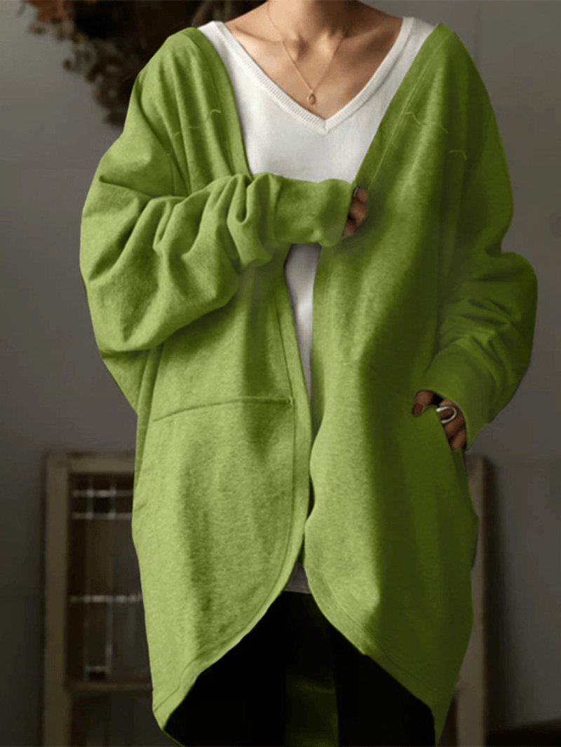 Women Cropped Knitted Pure Color Casual Retro Daily V-Neck Big Pocket Cardigan - MRSLM