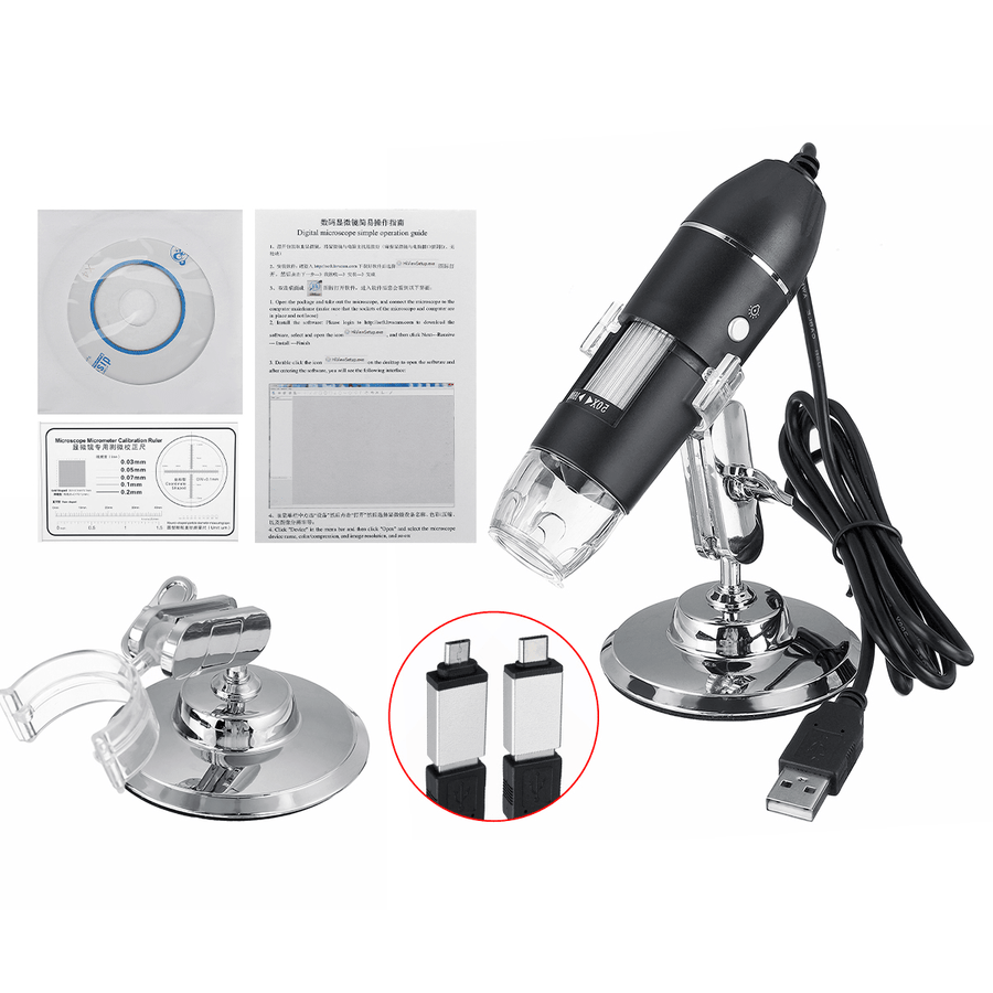 8 LED Light Adjustable Dimmer Microscope Computers Real-Time Video Inspection Digital Microscope Micro Usb+Type-C USB Handheld Microscope with Holder - MRSLM