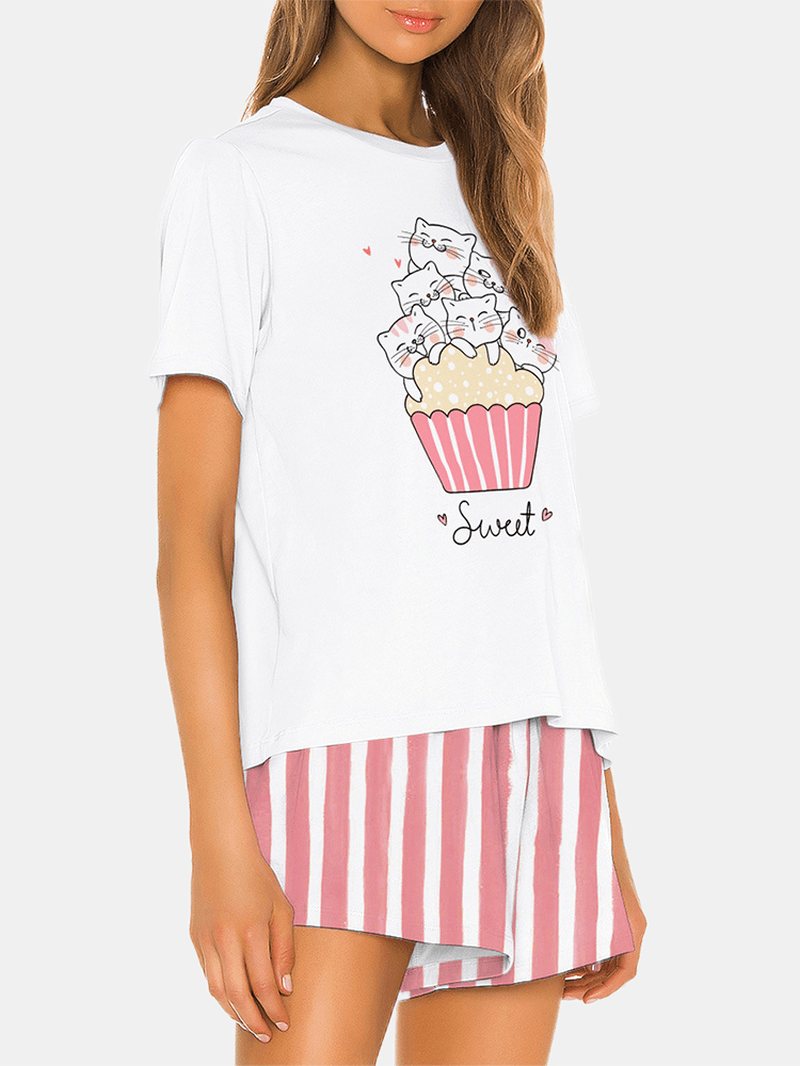 Women Cute Cartoon Cat Print Short Sleeve Pink Stripe Bottom Softies Pajama Set - MRSLM