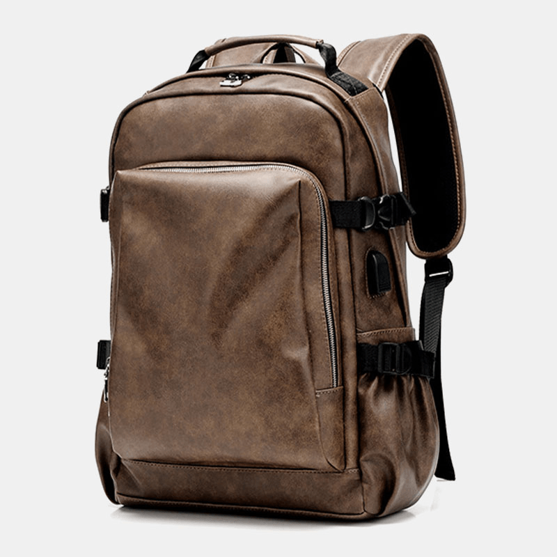 Men PU Leather USB Charging Business Casual Waterproof 14 Inch Laptop Bag Student School Bag Adjustable Backpack - MRSLM