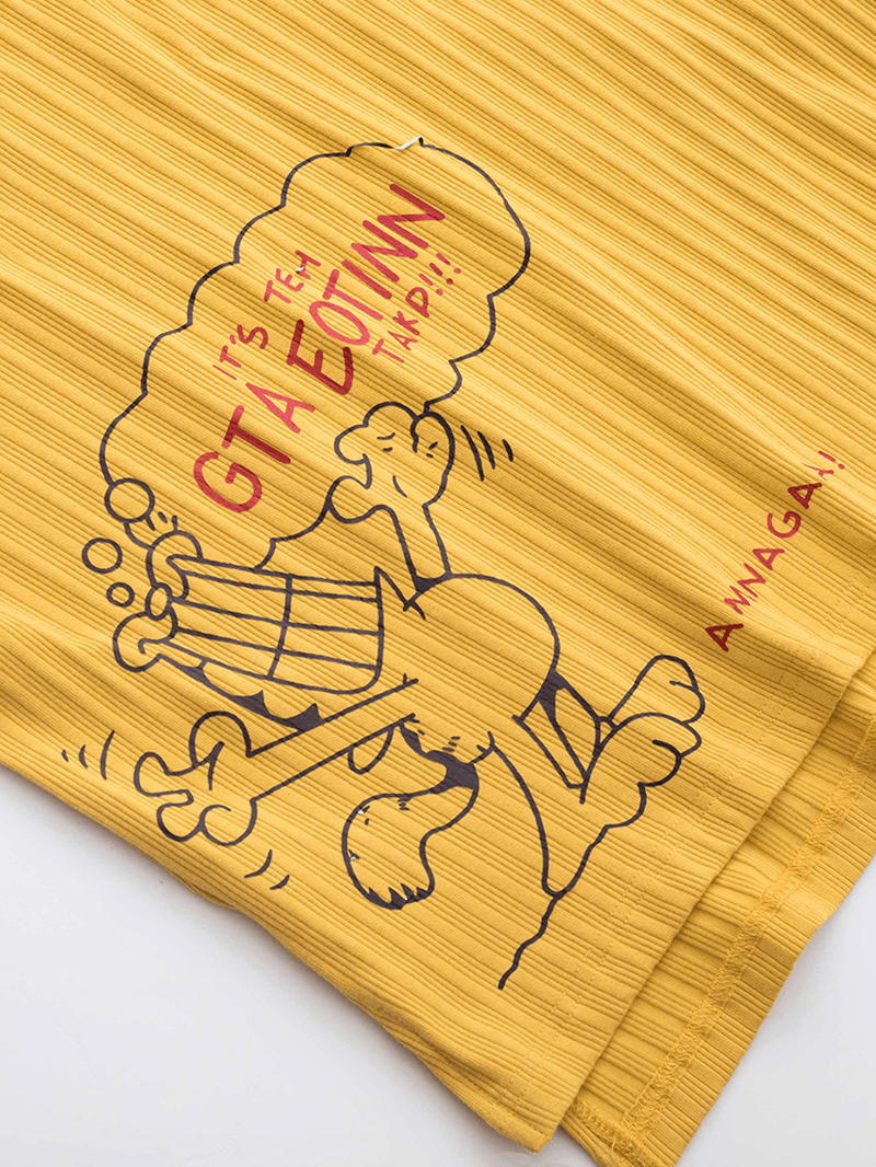 Women Ribbed Letter Print Cartoon Graffiti Pullover Elastic Waist Pocket Home Casual Yellow Pajama Set - MRSLM