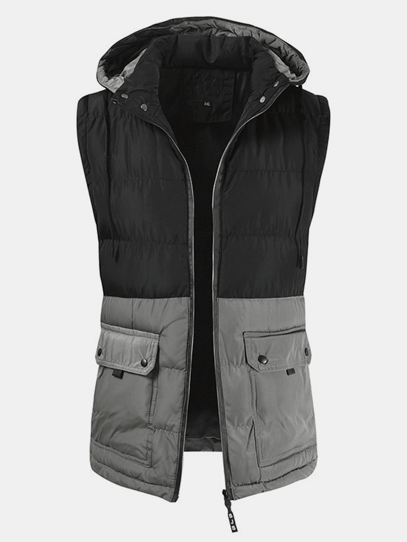 Mens Patchwork Cotton Zipper Casual Thick Warm Detachable Hooded Vest - MRSLM