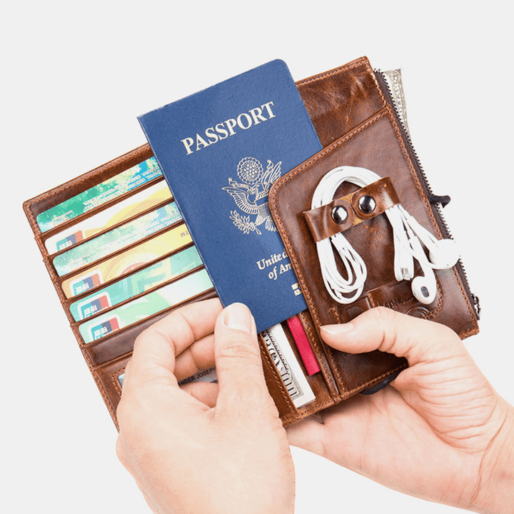 Men RFID Genuine Leather Blocking Anti-Theft Passport Envelope Wallet Multi-Card Wallet - MRSLM