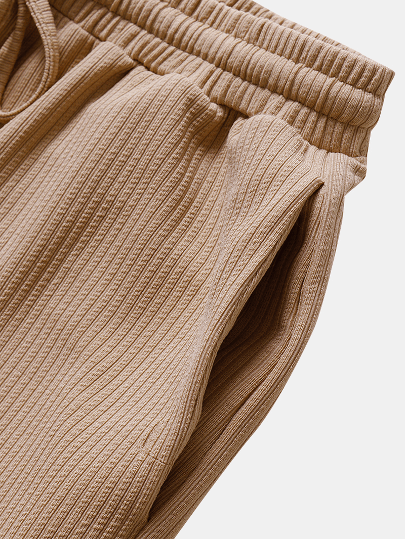 Solid Color Plain Drawstring Waist Rib-Knit Tapered Pants for Women - MRSLM